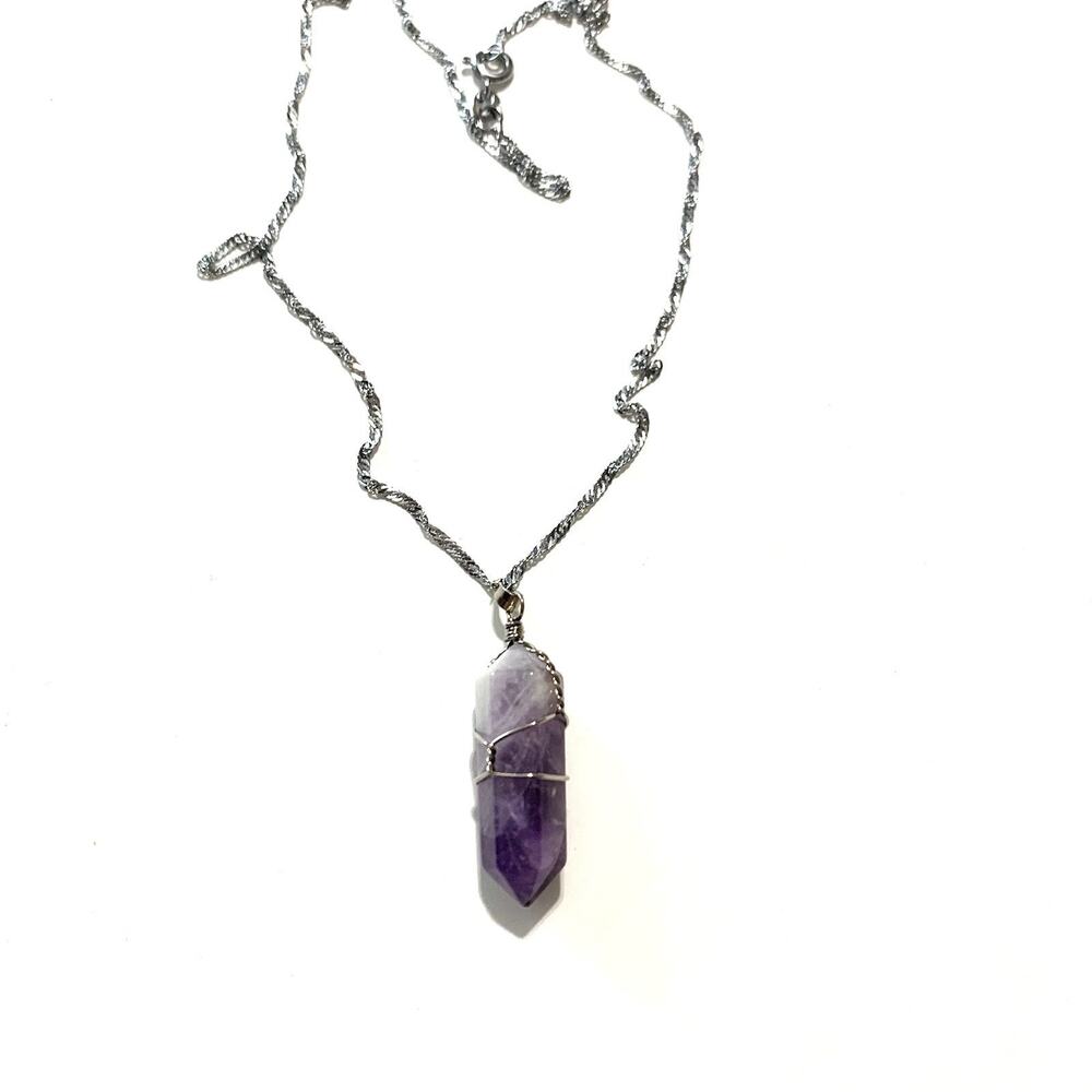 Wire Wrapped Amethyst Point Necklace Pendant 16" on 18K White Gold Plated Chain